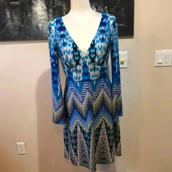Muse for Boston Proper Blue Abstract Design Jersey Dress w/Bell Sleeves-Size 8 - Picture 1 of 16
